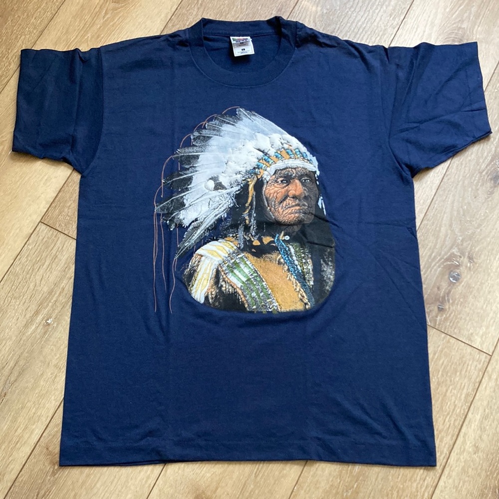 Vintage Native American Warrior Shirt Mens Large Single Stitch Navy Blue…